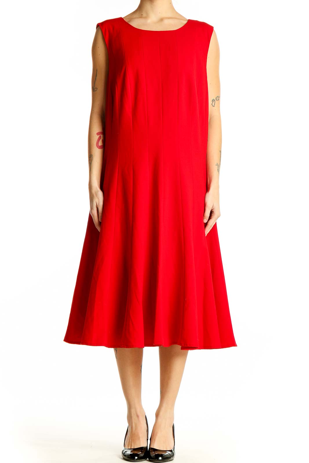 Front view of red sleeveless A-line midi dress by Calvin Klein