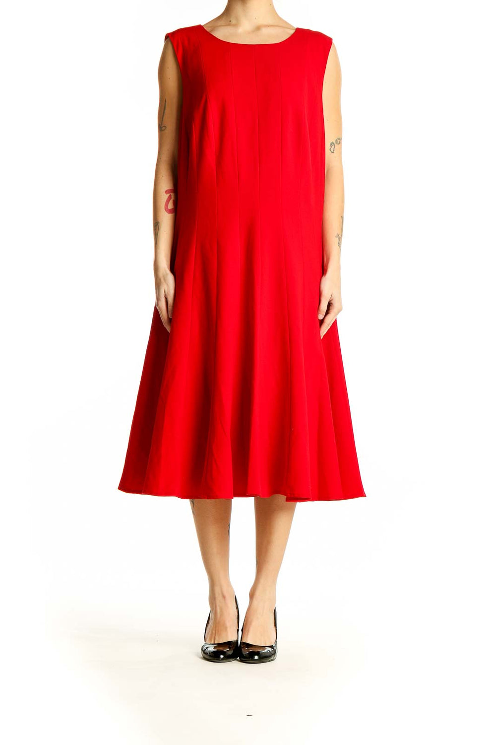 Front view of red sleeveless A-line midi dress by Calvin Klein