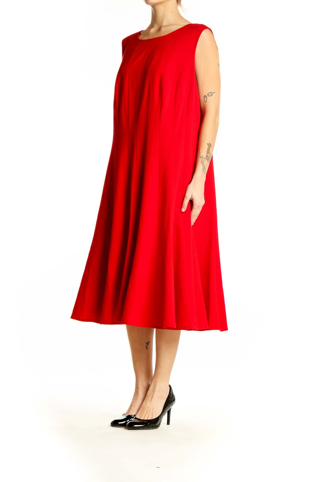 Front view of red sleeveless A-line midi dress by Calvin Klein