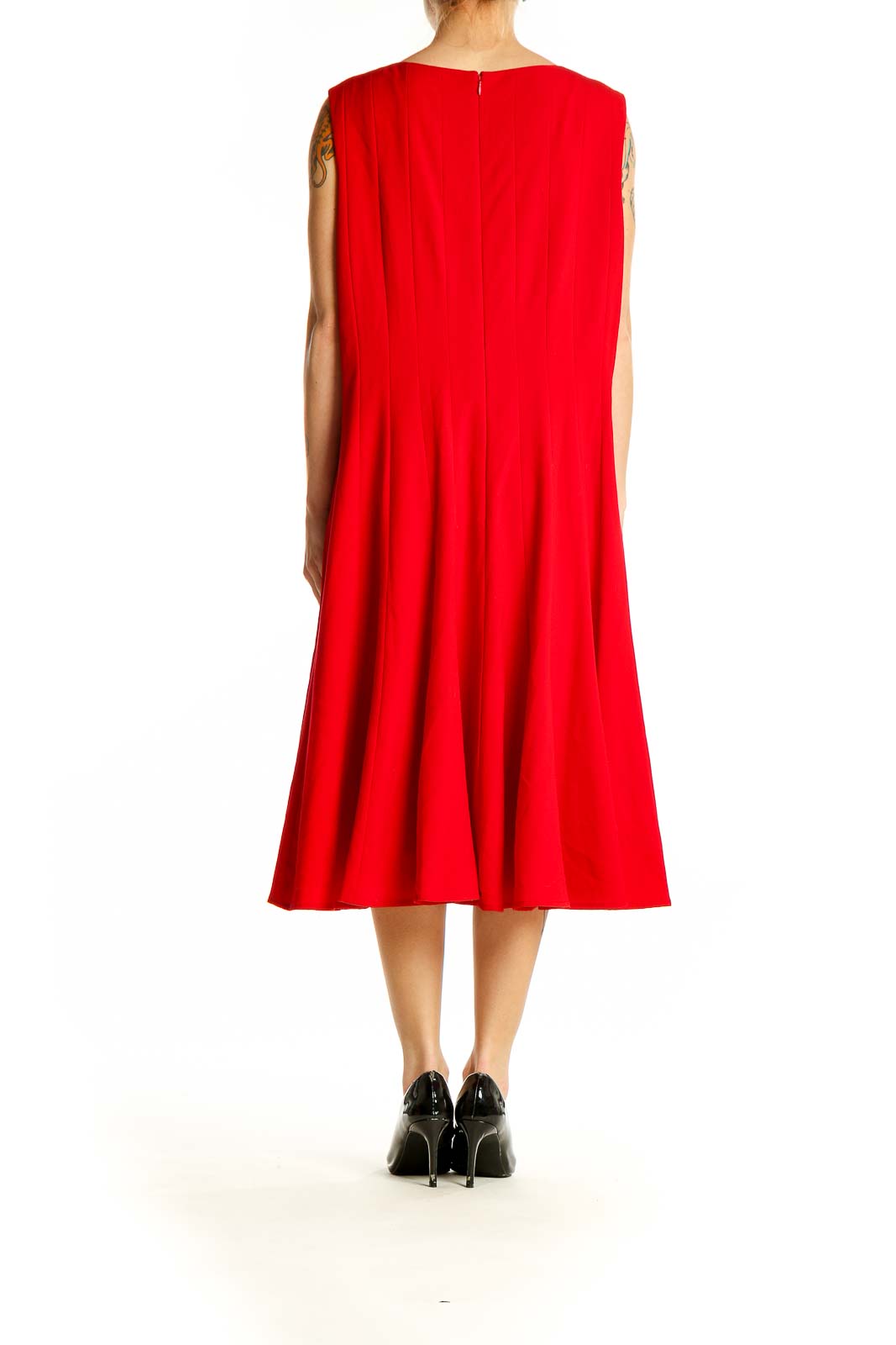 Back view of red sleeveless A-line midi dress by Calvin Klein