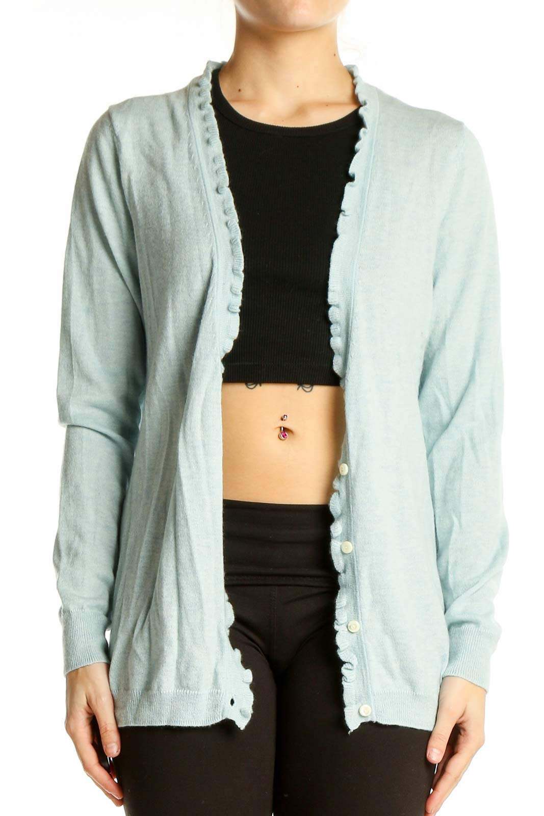 Front view of light blue Banana Republic cashmere cardigan with scalloped edges