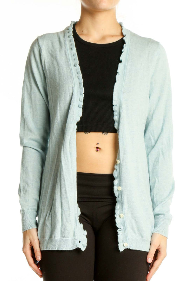 Front view of light blue Banana Republic cashmere cardigan with scalloped edges