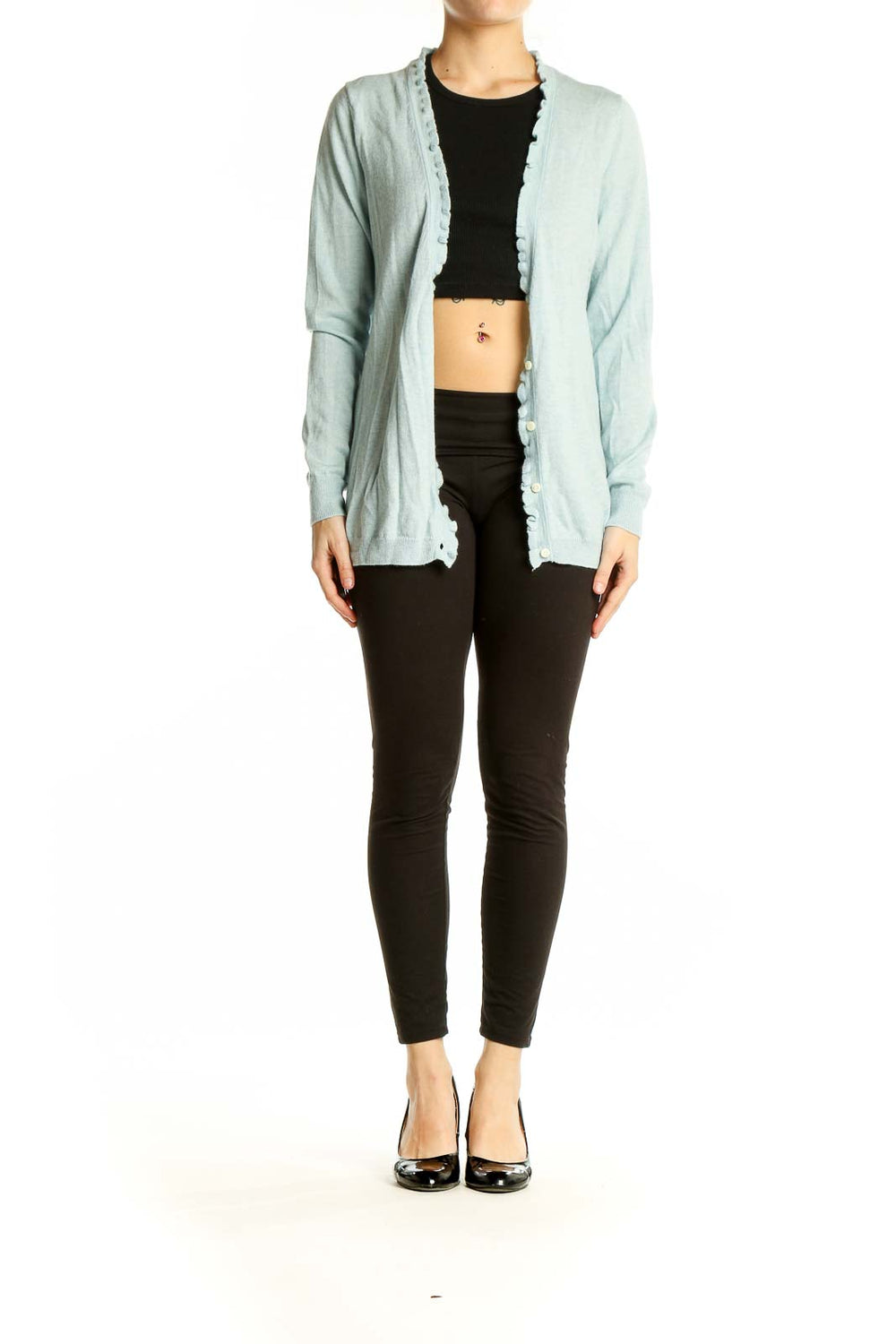 Front view of light blue Banana Republic cashmere cardigan with scalloped edges