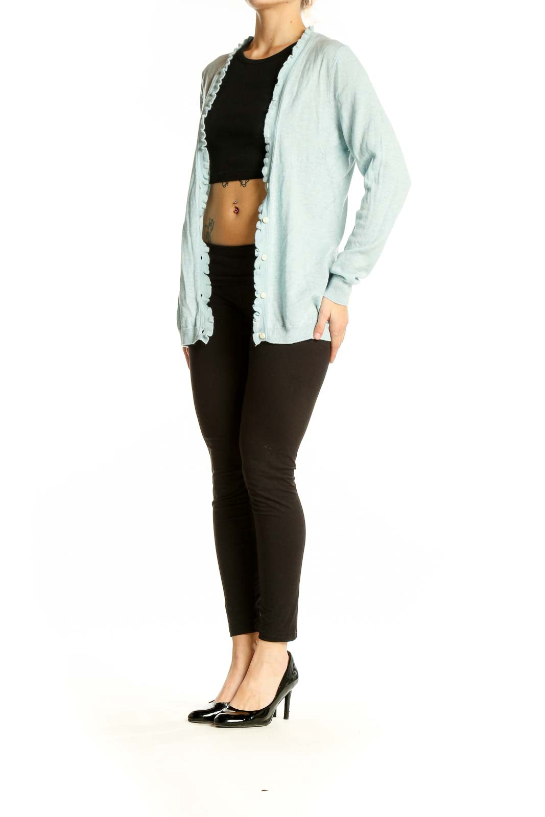 Front view of light blue Banana Republic cashmere cardigan with scalloped edges