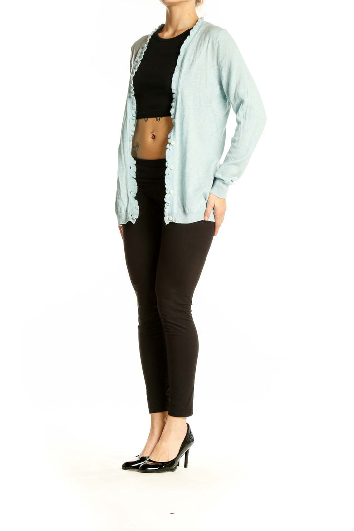 Front view of light blue Banana Republic cashmere cardigan with scalloped edges
