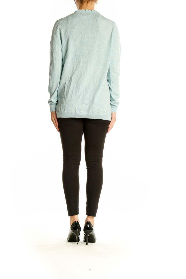 Back view of light blue Banana Republic cashmere cardigan on model