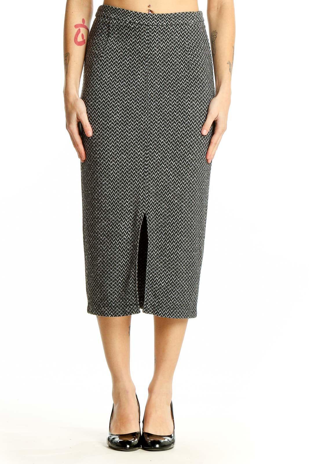 Front view of Banana Republic Black and White Herringbone Midi Skirt with front slit