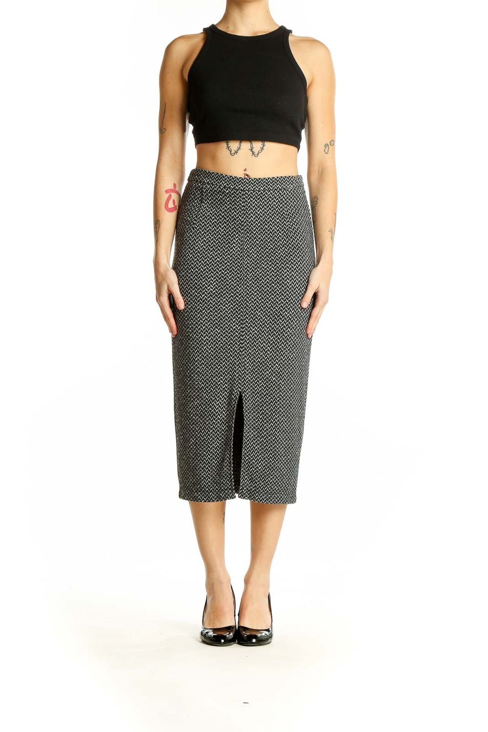 Front view of Banana Republic Black and White Herringbone Midi Skirt with front slit