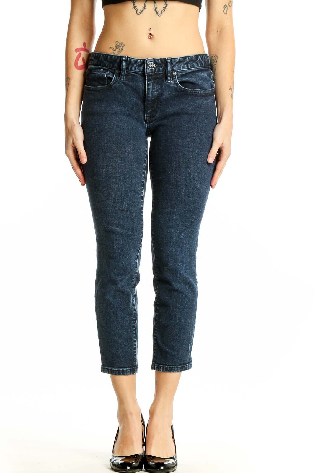 Front view of Tory Burch dark blue cropped slim fit jeans