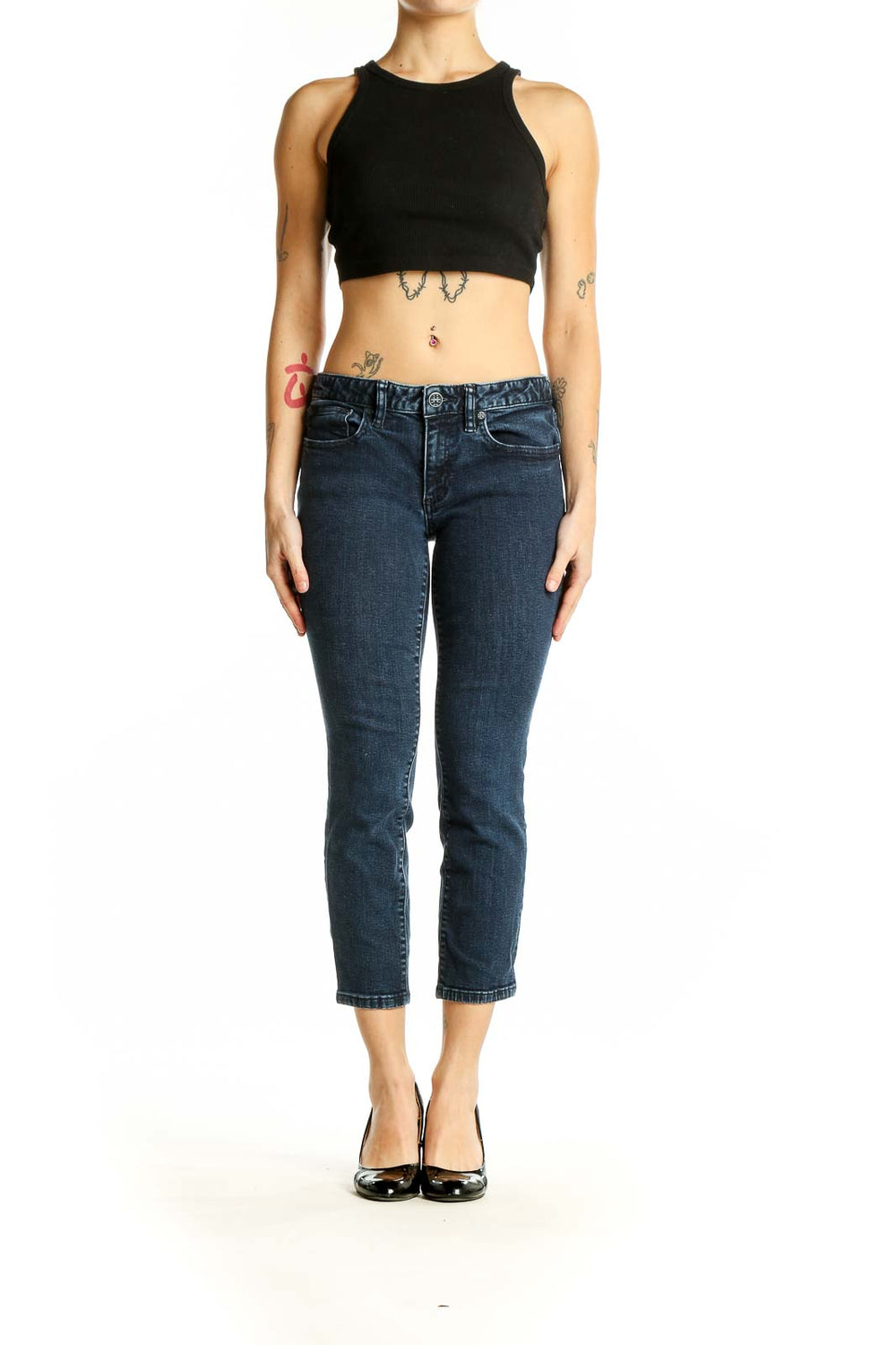 Front view of Tory Burch dark blue cropped slim fit jeans