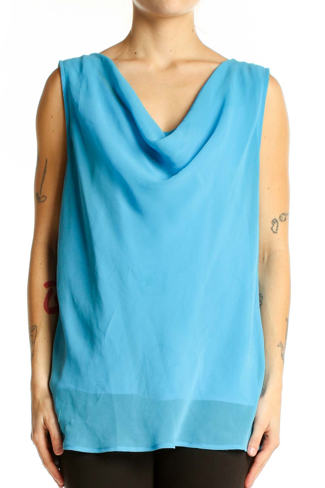 Front view of Ann Taylor blue sleeveless cowl neck blouse