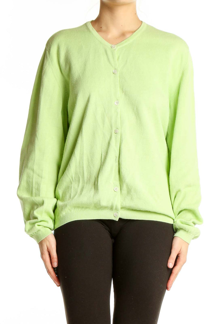 Front view of Lilly Pulitzer lime green cotton button-up cardigan