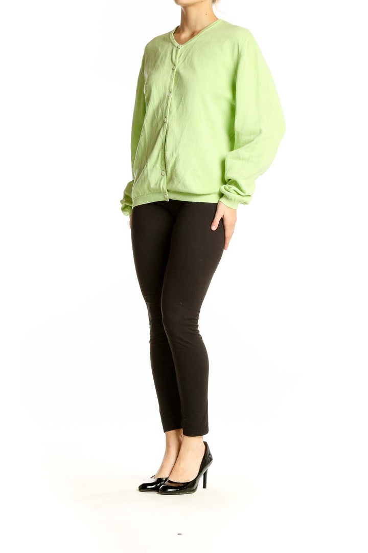 Front view of Lilly Pulitzer lime green cotton button-up cardigan