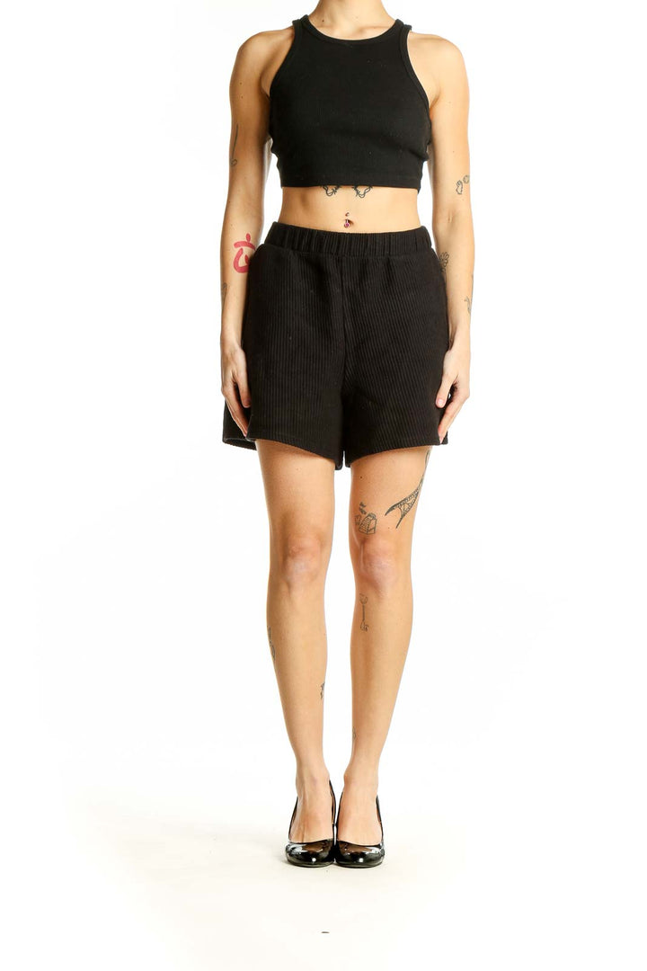 Front view of black ribbed cotton shorts from Gap