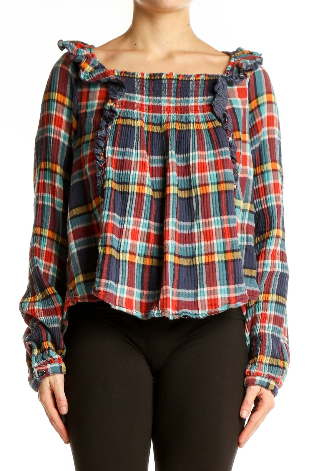 Front view of WE THE FREE multicolor plaid off-shoulder crop top with ruffle details