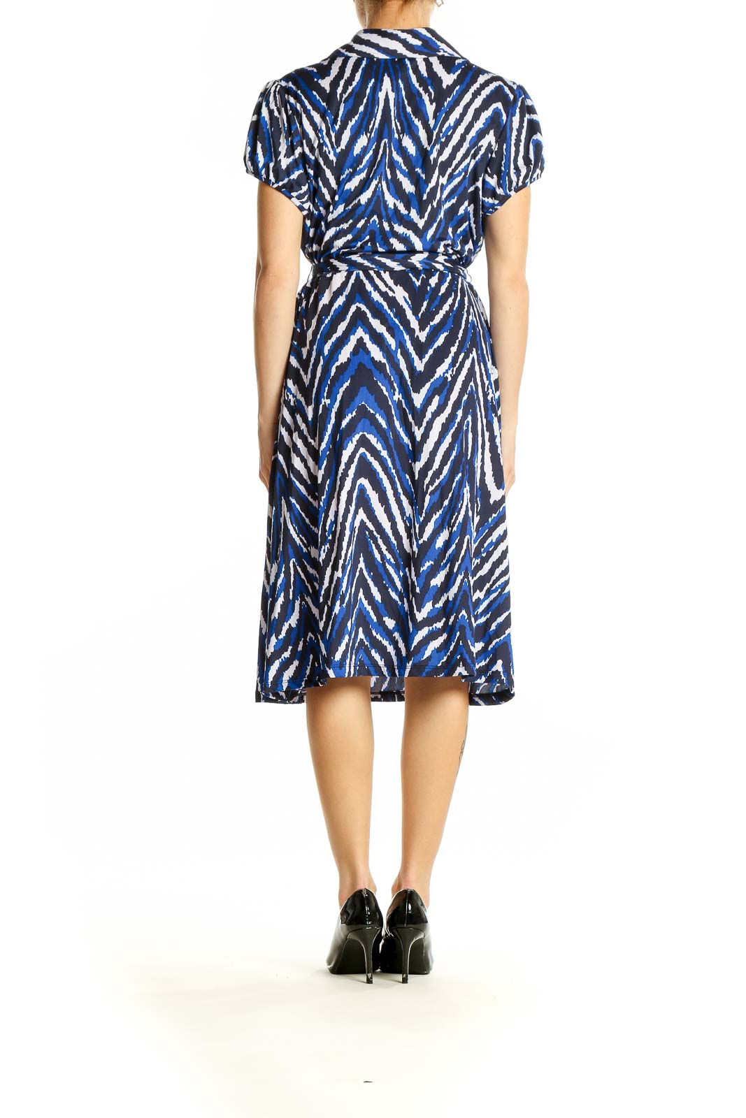 Back view of INC blue zebra print wrap dress showing full length