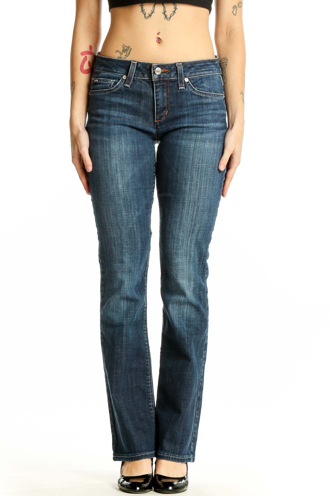 Front view of Joe's blue straight leg jeans on model