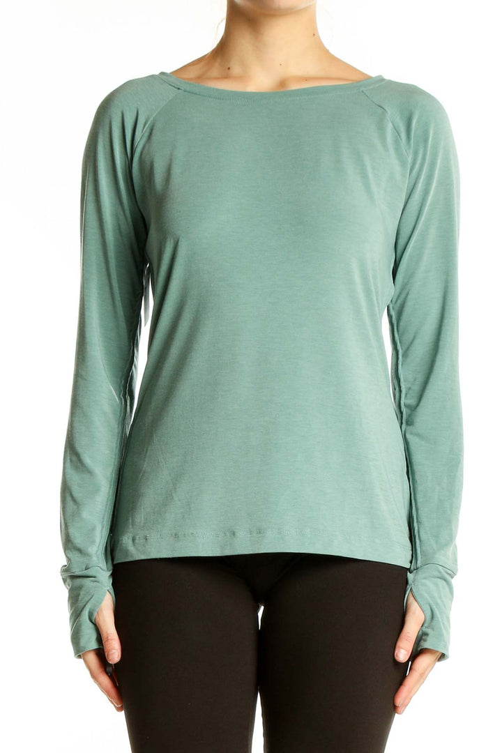 Front view of sage green GapFit long sleeve athletic top