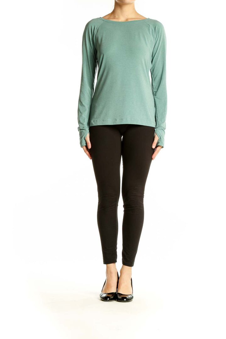 Front view of sage green GapFit long sleeve athletic top