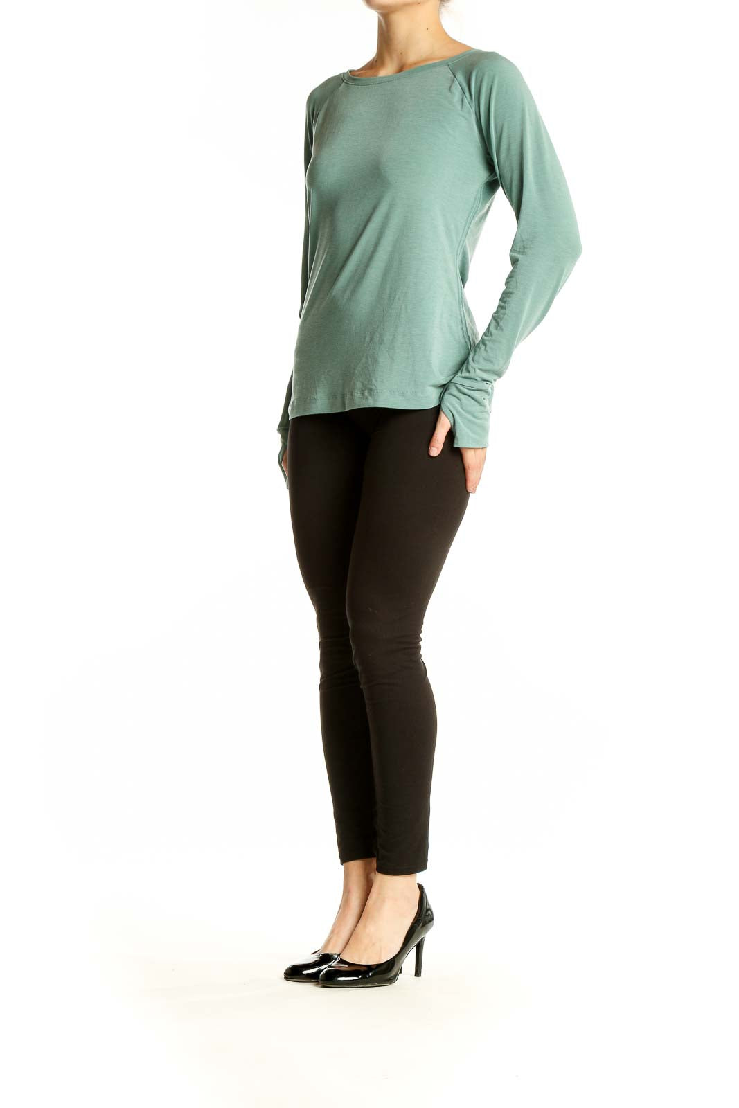 Front view of sage green GapFit long sleeve athletic top