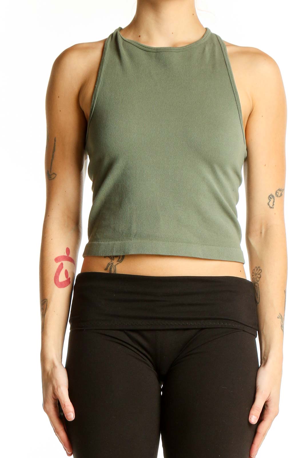 Front view of olive green cropped tank top by SilkRoll