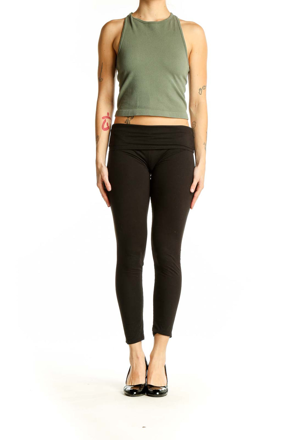 Front view of olive green cropped tank top by SilkRoll