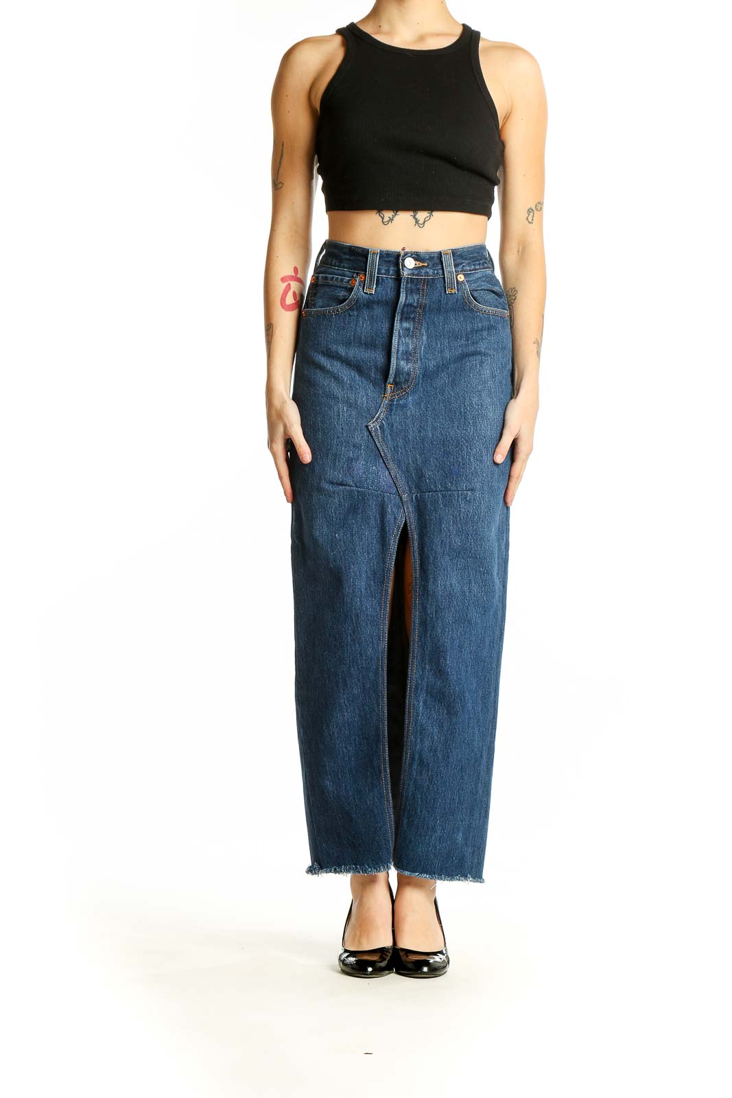 Front view of RE DONE LEVIS blue denim high-waist maxi skirt with front slit