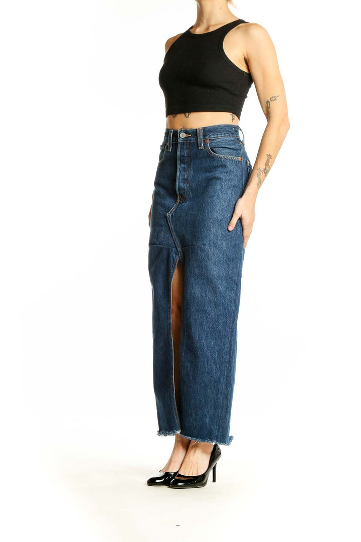 Front view of RE DONE LEVIS blue denim high-waist maxi skirt with front slit