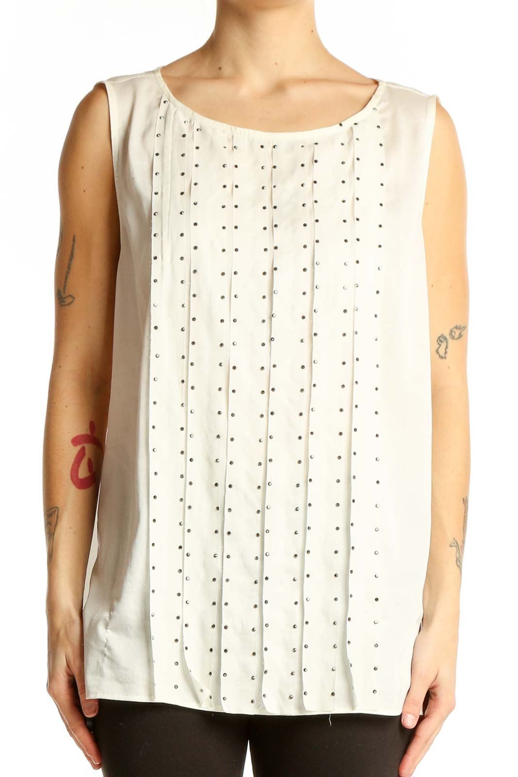 Front view of white Ann Taylor sleeveless blouse with vertical studded detailing