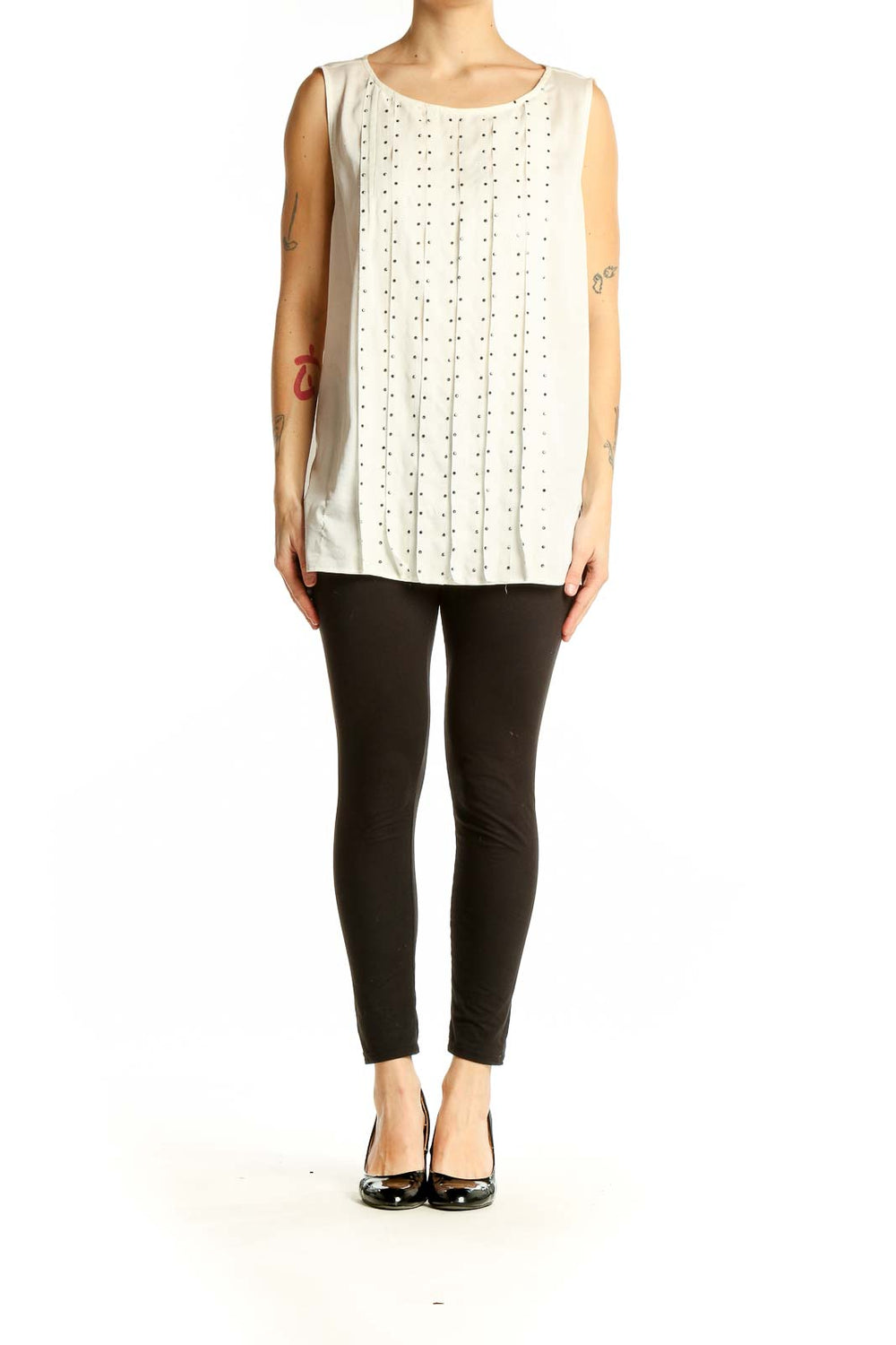 Front view of white Ann Taylor sleeveless blouse with vertical studded detailing