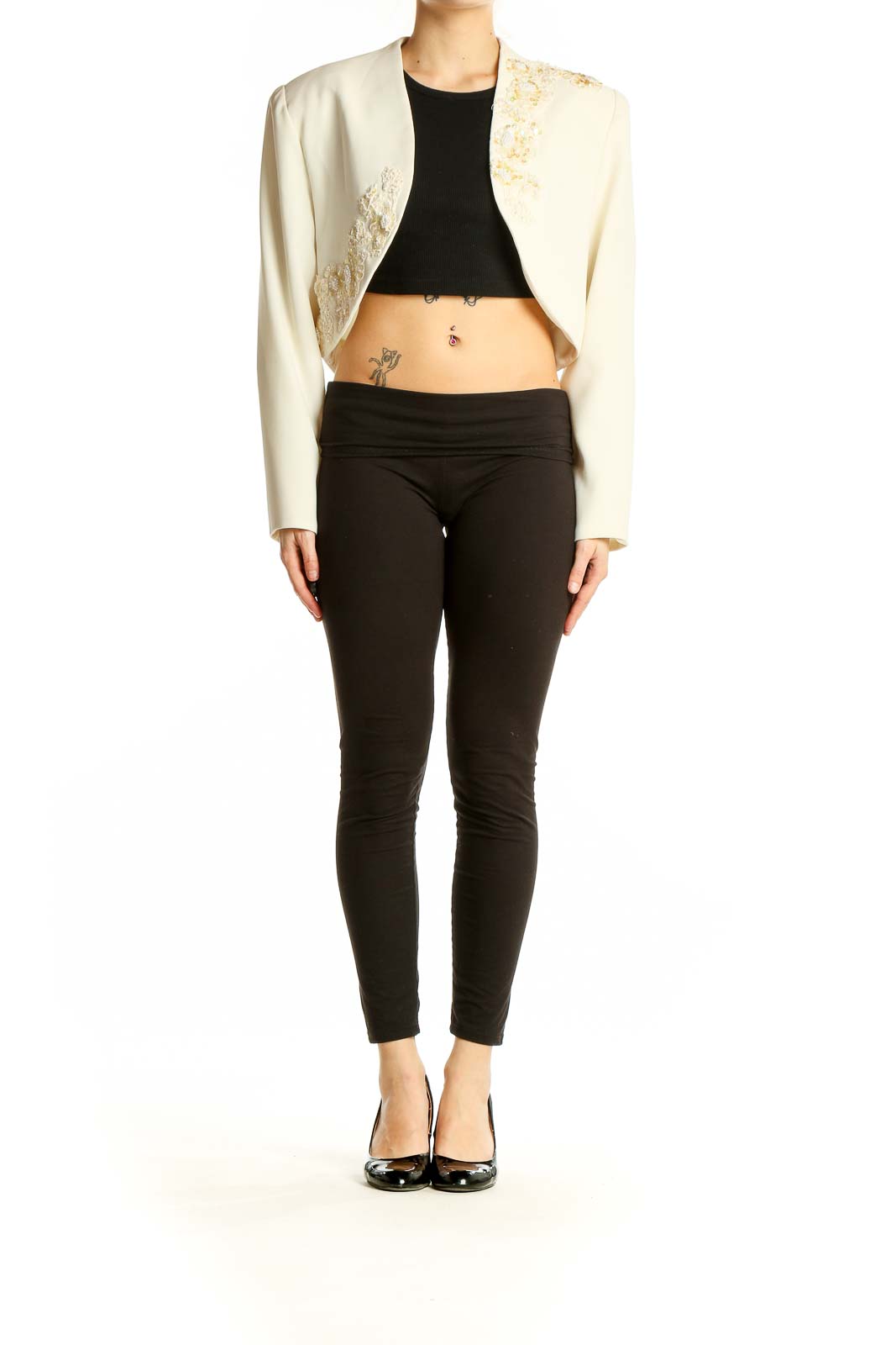 Front view of cream embellished cropped bolero jacket by SilkRoll