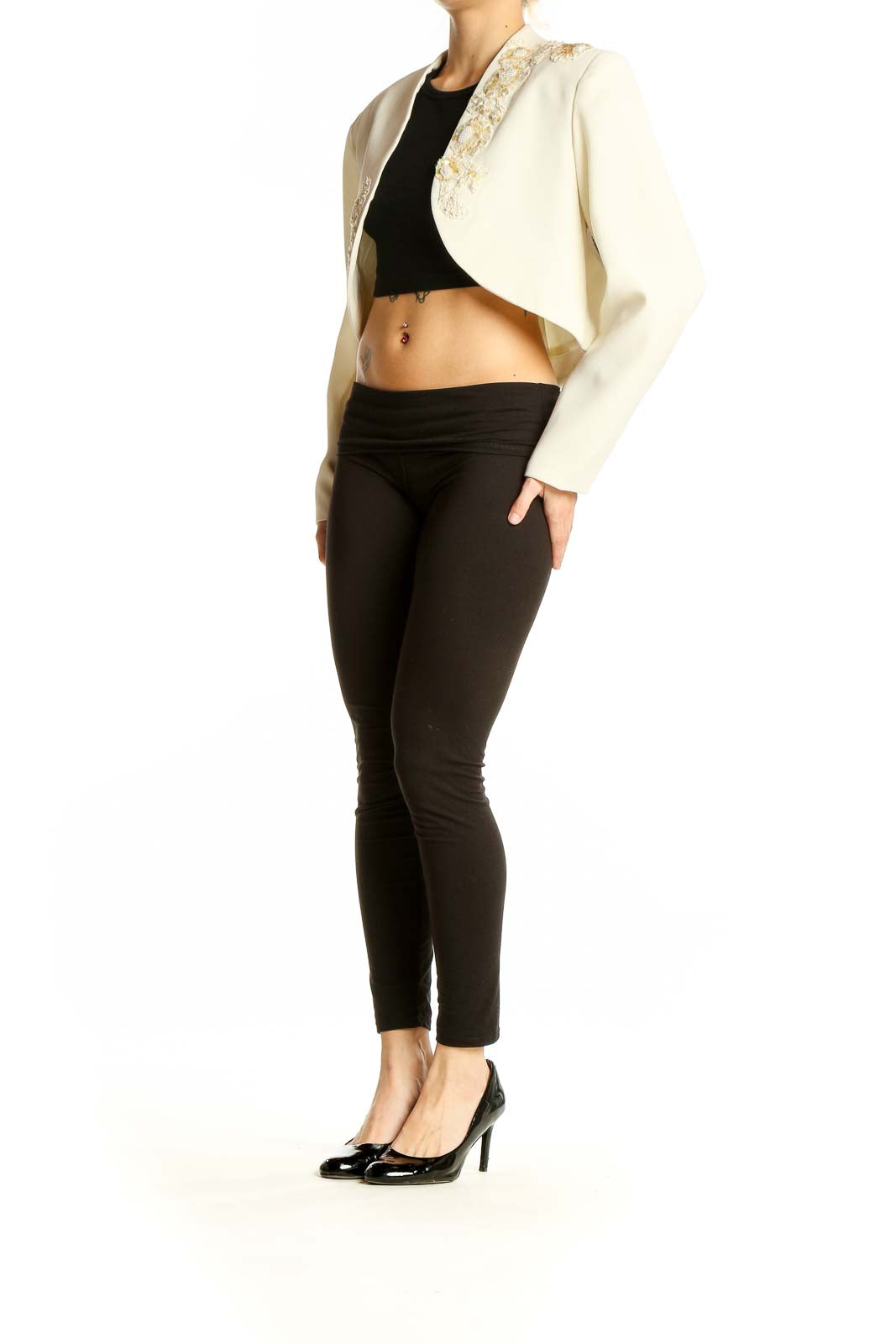 Front view of cream embellished cropped bolero jacket by SilkRoll