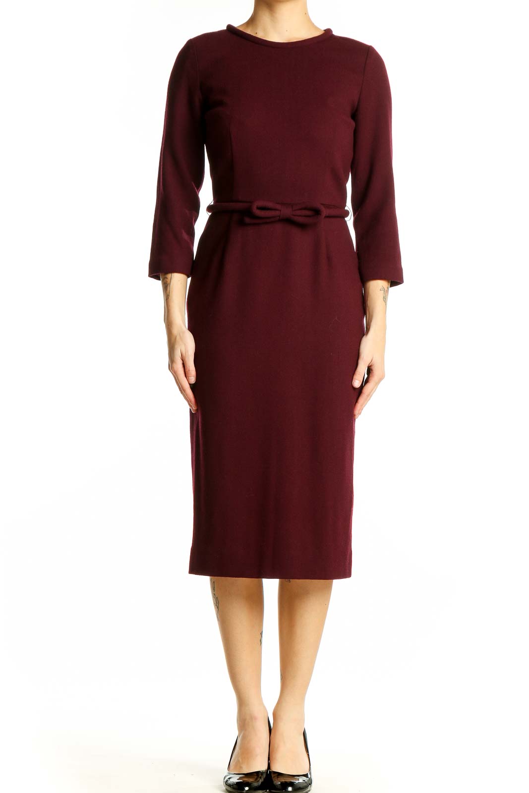 Front view of Goat burgundy belted midi dress with 3/4 sleeves