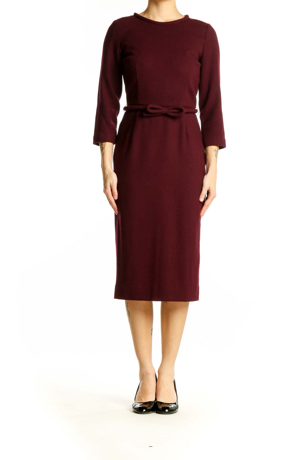 Front view of Goat burgundy belted midi dress with 3/4 sleeves