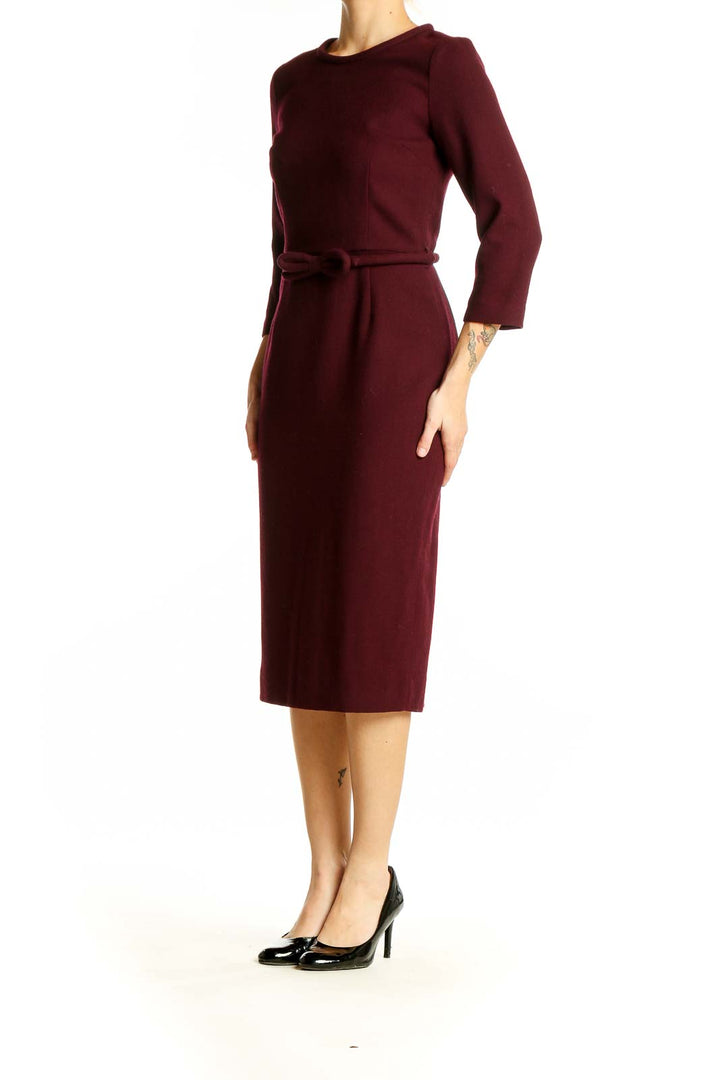 Front view of Goat burgundy belted midi dress with 3/4 sleeves