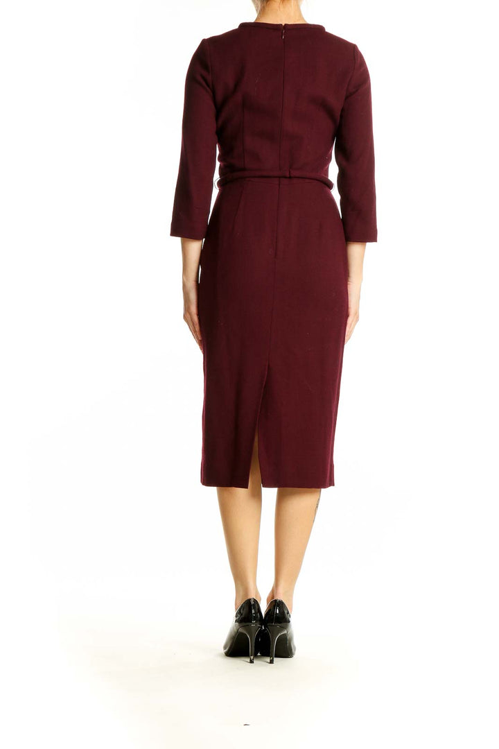 Back view of Goat burgundy belted midi dress showing slim fit