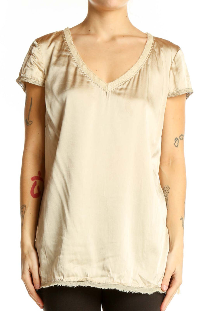 Front view of Elie Tahari beige silk blend V-neck top