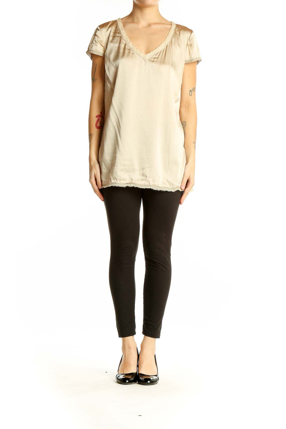 Front view of Elie Tahari beige silk blend V-neck top