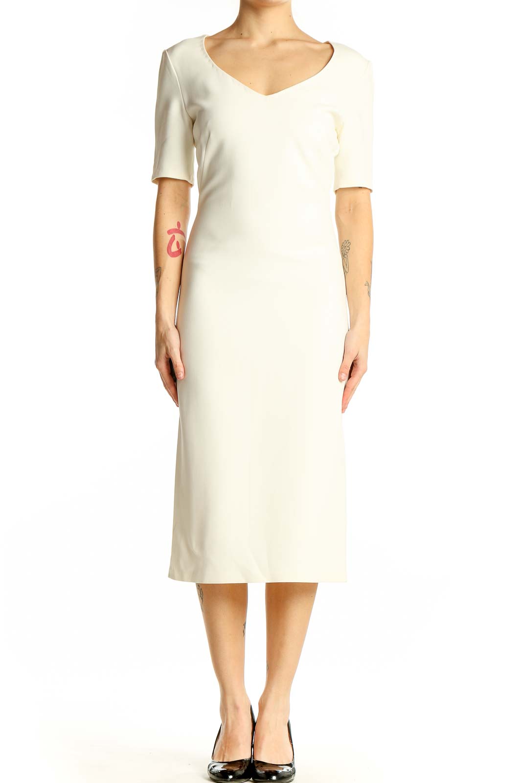 Front view of ADAM LIPPES ivory midi dress with V-neckline and elbow-length sleeves