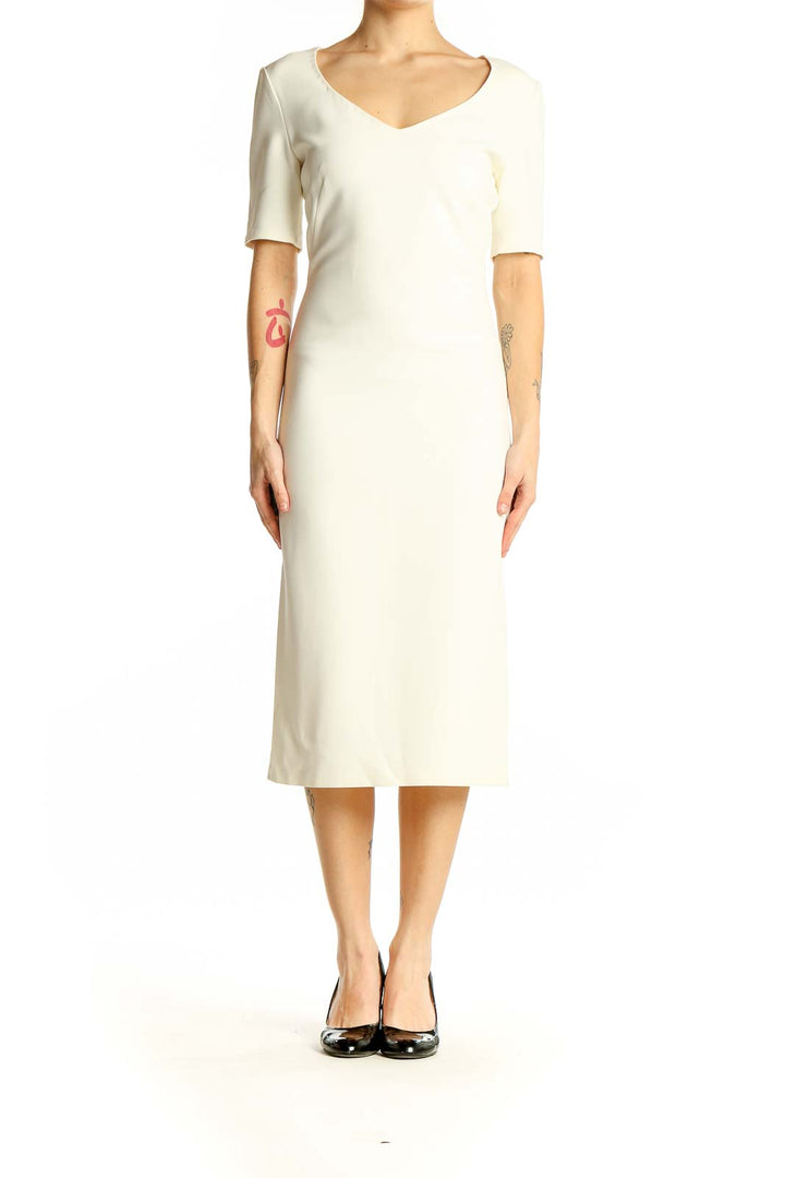 Front view of ADAM LIPPES ivory midi dress with V-neckline and elbow-length sleeves