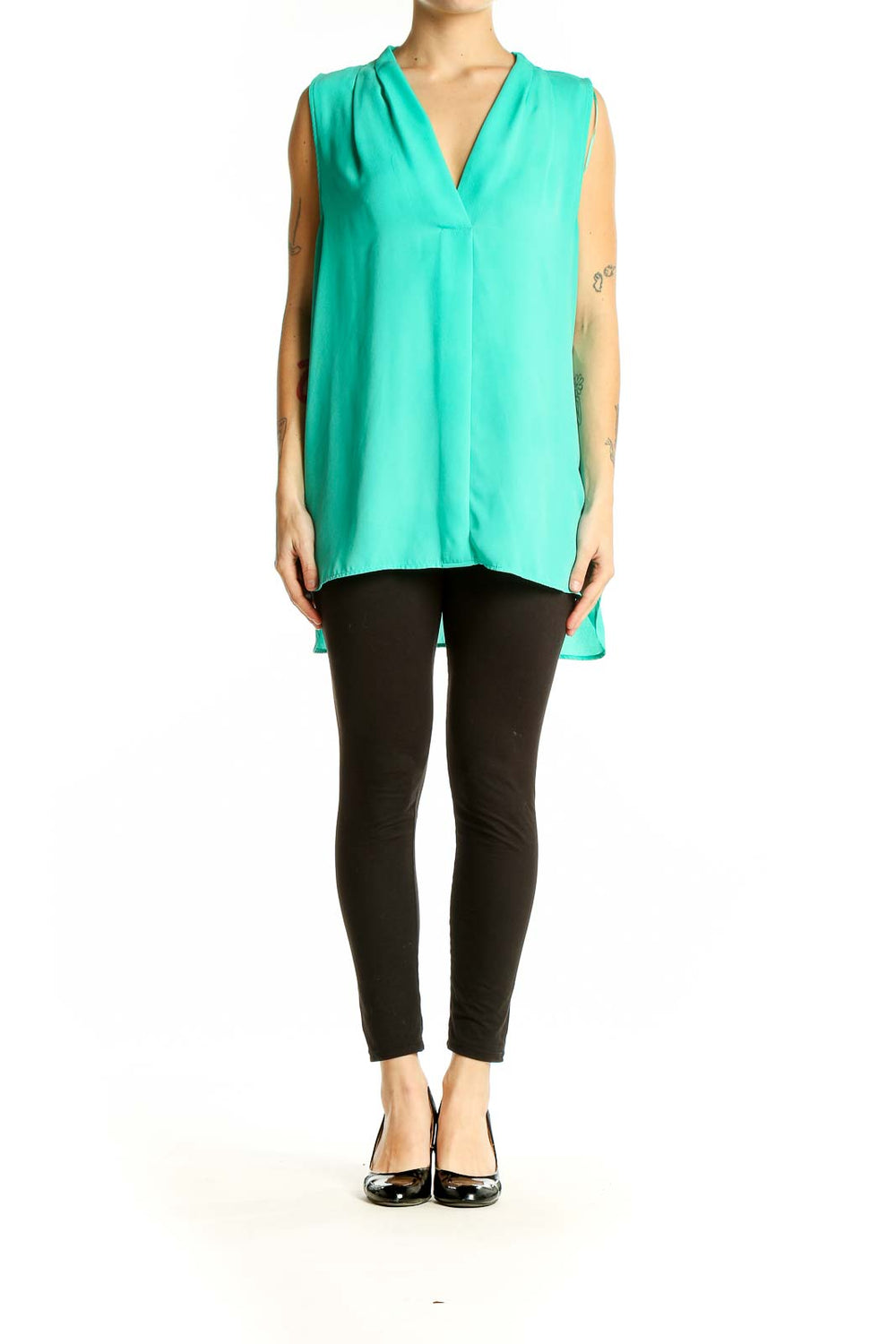 Front view of teal Vince Camuto sleeveless V-neck blouse