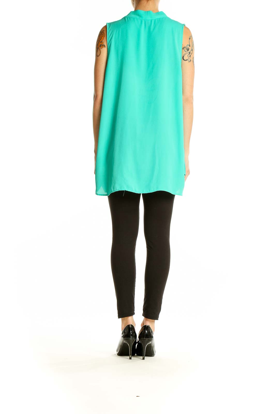 Back view of teal Vince Camuto sleeveless V-neck blouse with high-low hemline