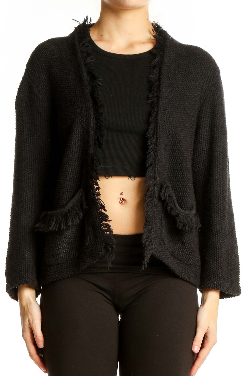 Front view of DKNY black open front cardigan with frayed edges