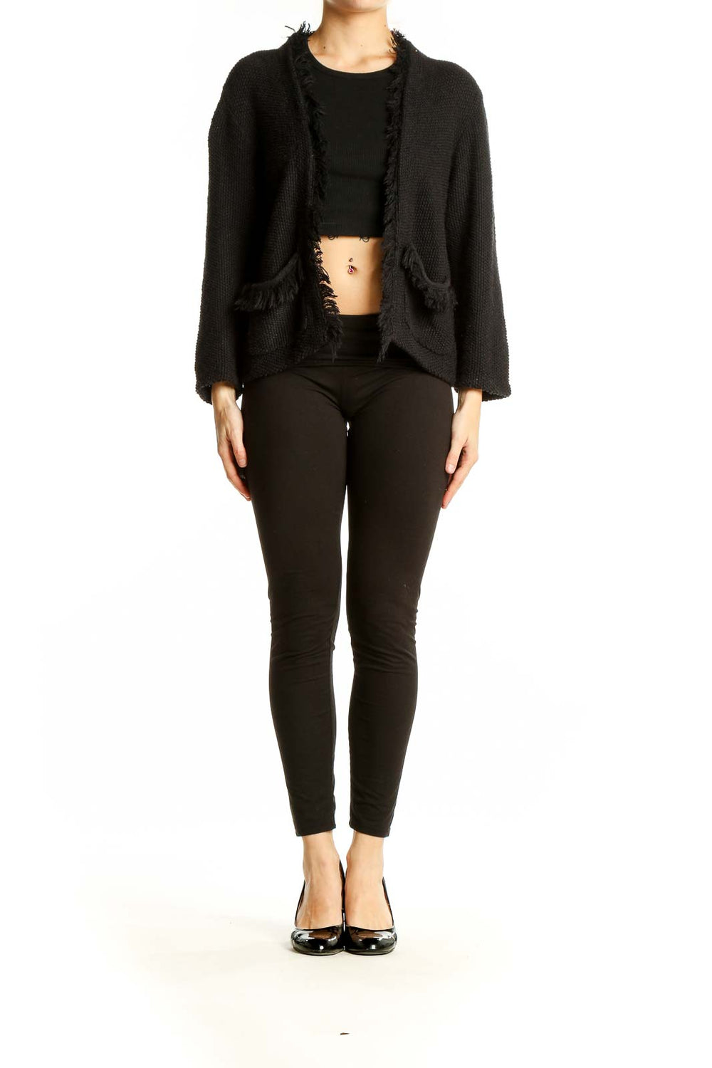 Front view of DKNY black open front cardigan with frayed edges