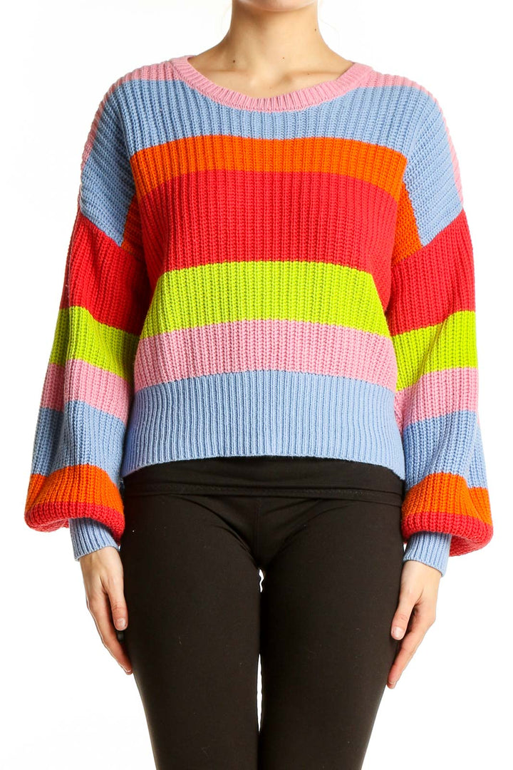 Front view of BROADWAY multicolor striped chunky knit sweater with balloon sleeves