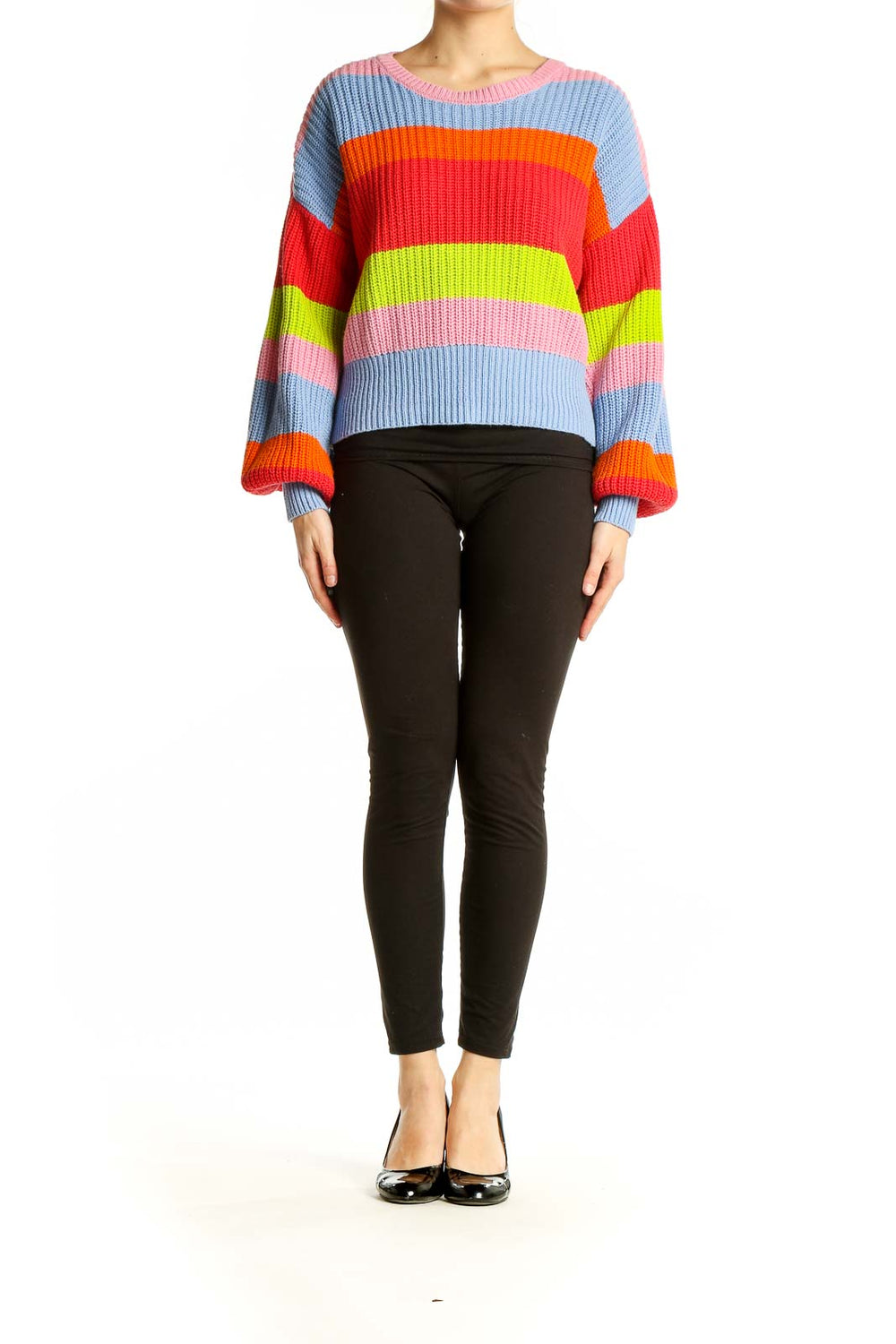 Front view of BROADWAY multicolor striped chunky knit sweater with balloon sleeves