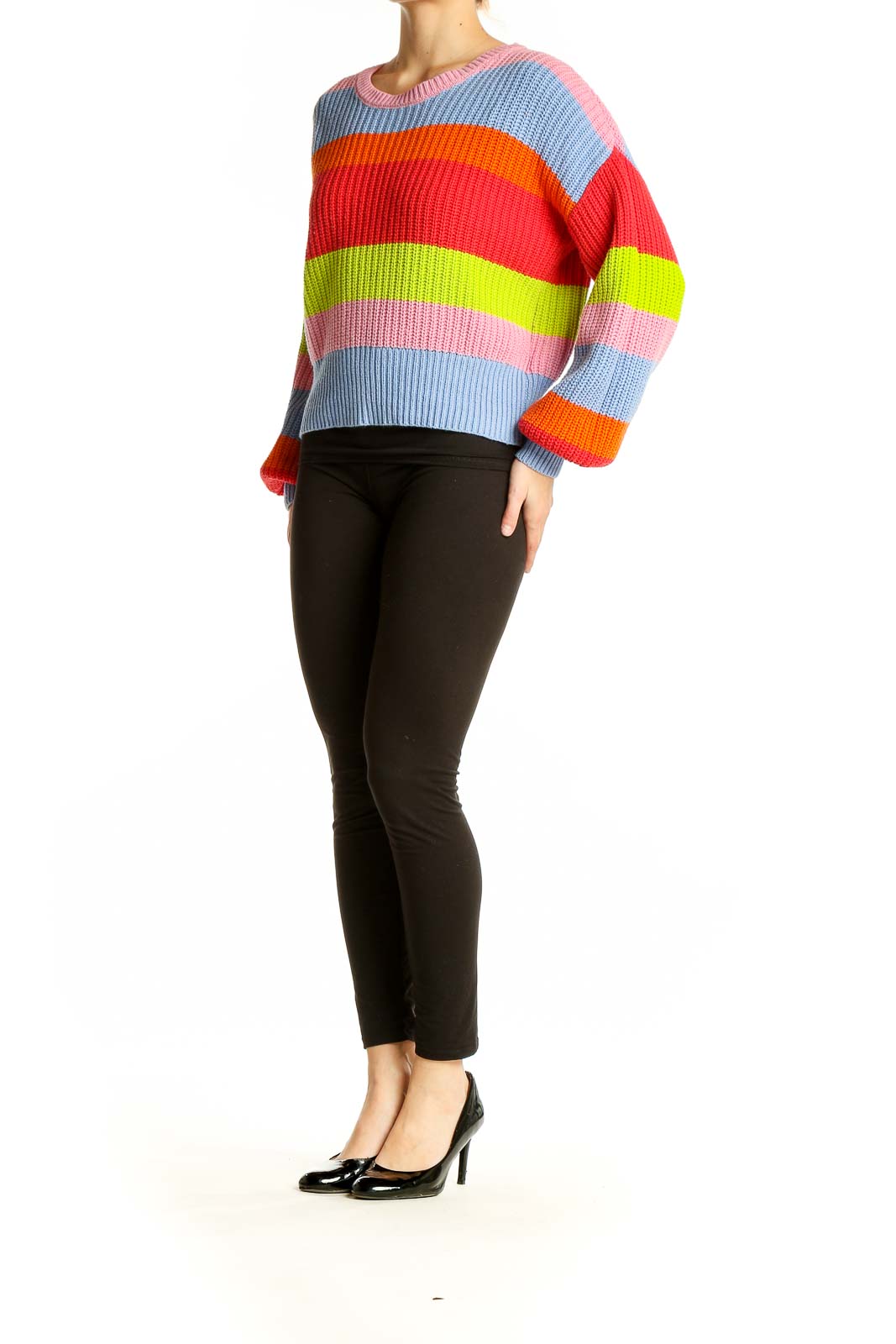 Front view of BROADWAY multicolor striped chunky knit sweater with balloon sleeves