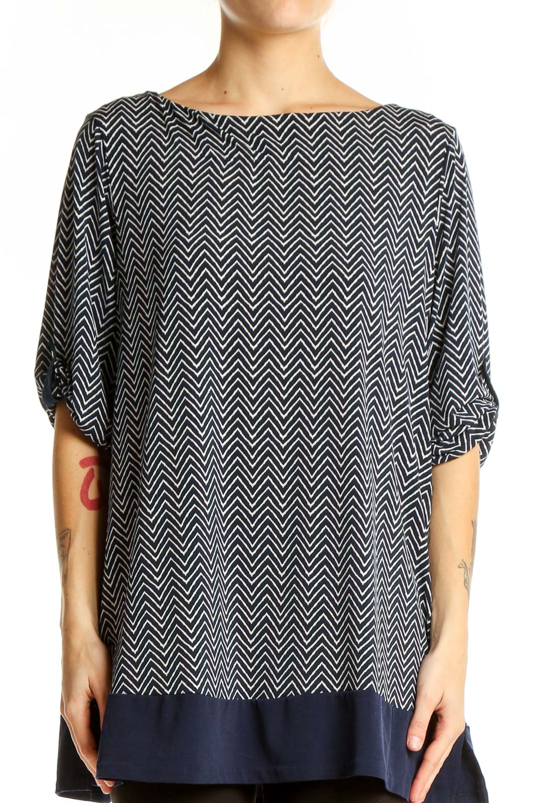 Front view of Charter Club navy and white chevron print tunic top