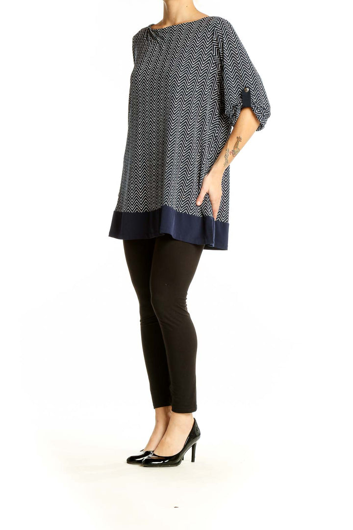 Front view of Charter Club navy and white chevron print tunic top