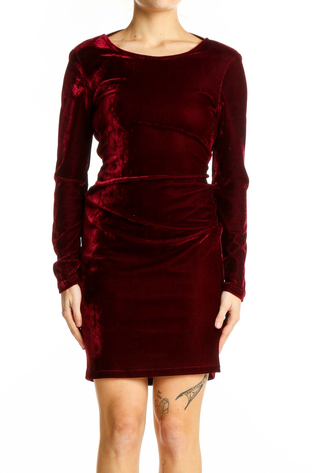 Front view of burgundy velvet long sleeve mini dress by SilkRoll